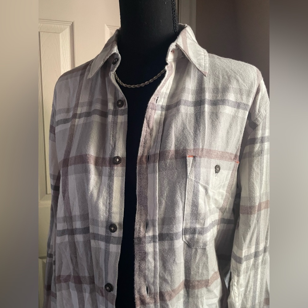 Hawke & Co Plaid Button-Up Shirt in White, Gray & Taupe